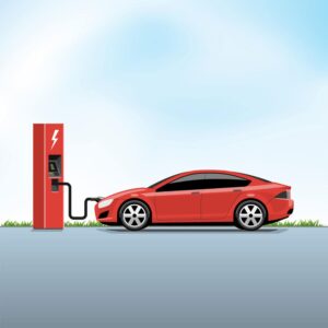 وکتور خودرو برقی قرمز در حال شارژ مجدد باطری - وکتور انرژی های پاک و زمین سبز