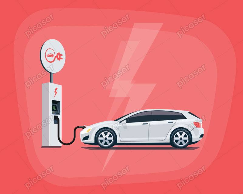 وکتور پس زمینه خودرو برقی سفید در ایستگاه شارژ در حال شارژ باطری زمینه قرمز - وکتور انرژی های پاک و زمین سبز