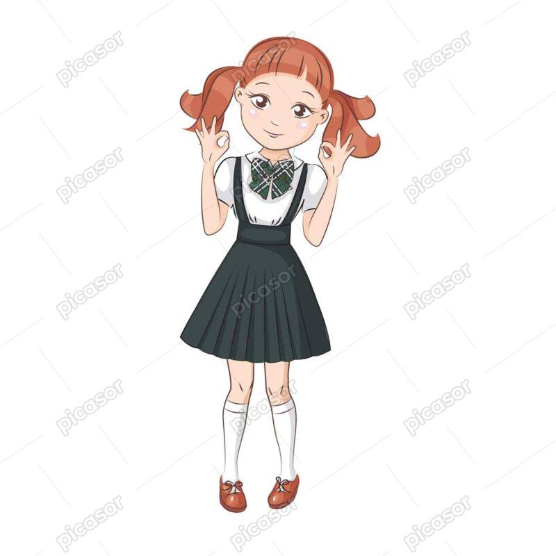 وکتور دختر نوجوان شاد ایستاده با لباس مدرسه - وکتور دانش آموز دختر با روپوش مدرسه