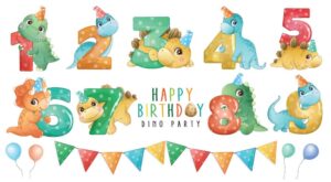 وکتور دایناسور کارتونی با اعداد انگلیسی از 1 تا 9 و بادکنک – وکتور جشن تولد کودکانه با دایناسورهای کارتونی