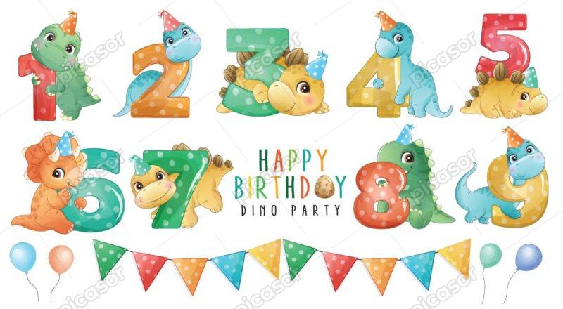 وکتور دایناسور کارتونی با اعداد انگلیسی از 1 تا 9 و بادکنک – وکتور جشن تولد کودکانه با دایناسورهای کارتونی