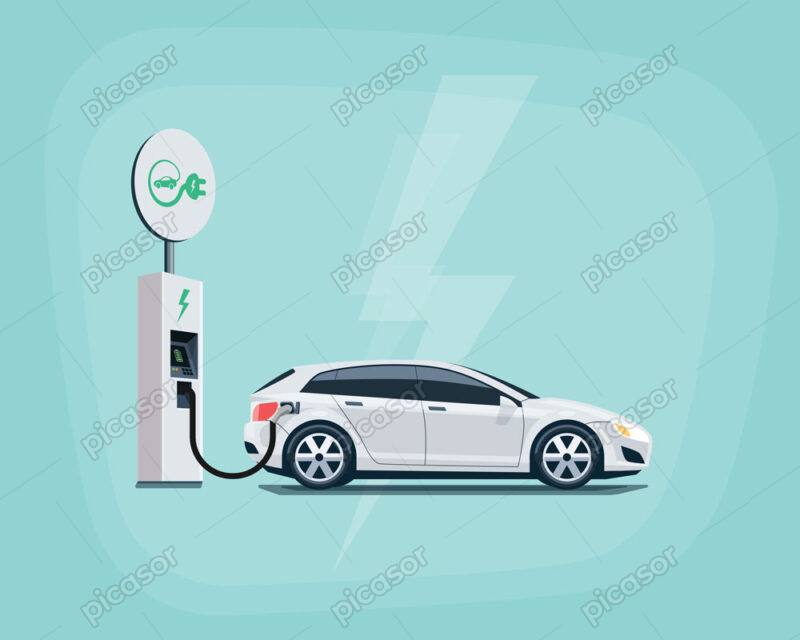 وکتور پس زمینه خودرو برقی سفید در ایستگاه شارژ در حال شارژ باطری - وکتور انرژی های پاک و زمین سبز