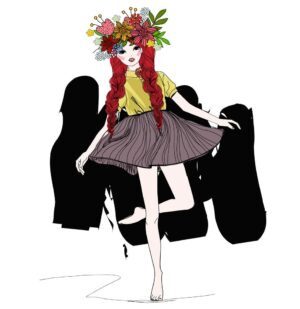 وکتور دختر نوجوان با تاج گل و موهای بلند - وکتور تصویرسازی دختر فشن با دسته گل