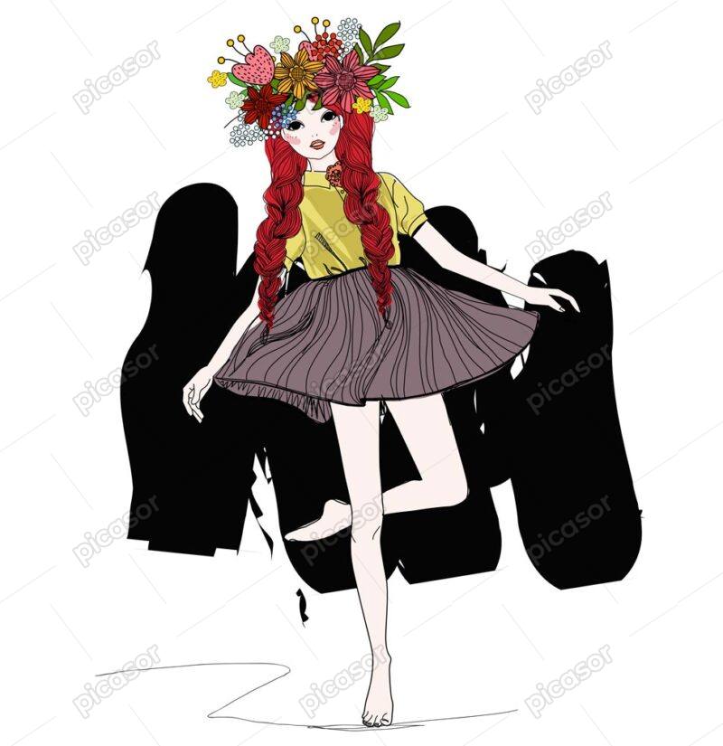 وکتور دختر نوجوان با تاج گل و موهای بلند - وکتور تصویرسازی دختر فشن با دسته گل