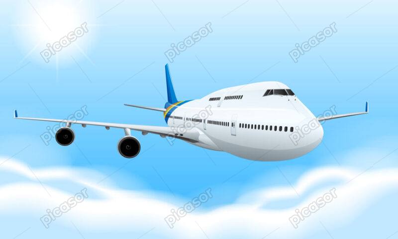 وکتور پس زمینه هواپیما 747 در آسمان - وکتور هواپیما مسافربری در حال پرواز با زمینه آسمان آبی