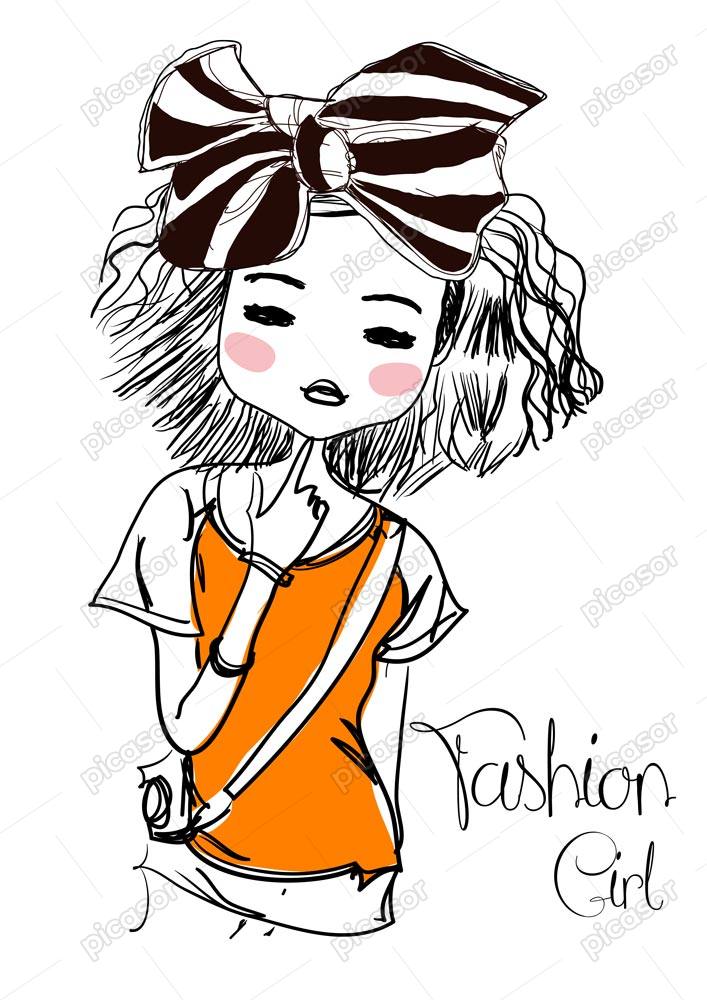وکتور نقاشی خطی دختر کوچک بانمک با تیشرت نارنجی- وکتور نقاشی تصویرسازی دختر نوجوان کوچک با پاپیون بزرگ طرح ساده خطی