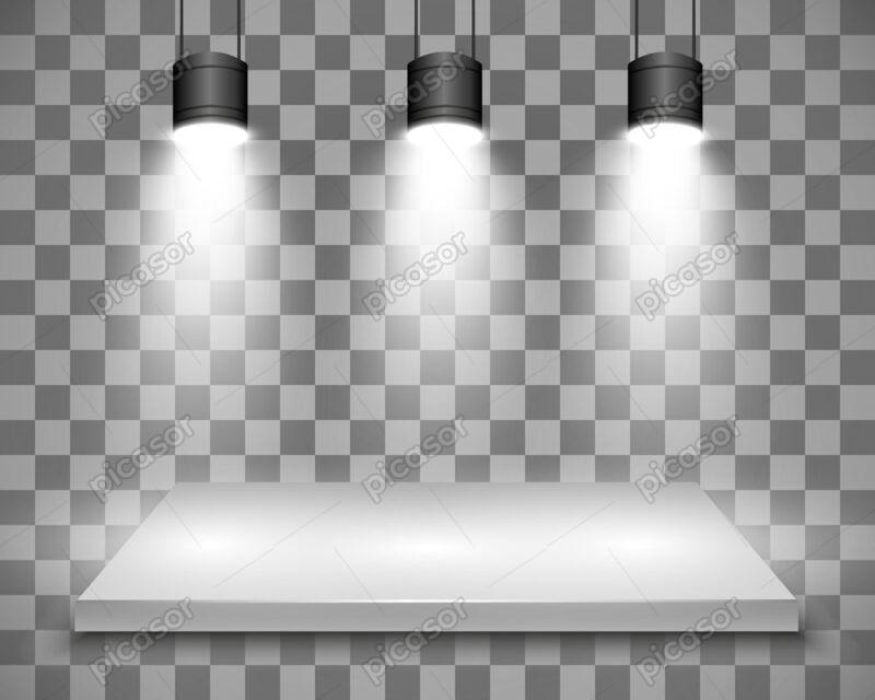 وکتور نورپردازی با پروژکتور در استیج تبلیغ محصول با افکت نور سفید و سکوی معرفی محصول - وکتور استودیو عکاسی