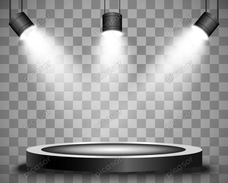وکتور نورپردازی با پروژکتور در استیج تبلیغ محصول با افکت نور سفید و سکوی مدور معرفی محصول - وکتور استودیو عکاسی
