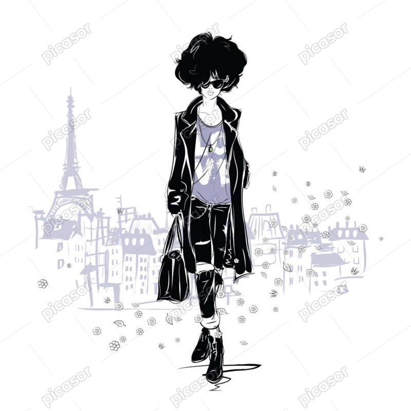 وکتور زن جوان فشن با پالتو و کیف زمینه شهر پاریس- وکتور دختر جوان فشن طرح اسکچ