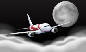 وکتور پس زمینه هواپیمای مسافربری کره ماه و آسمان شب ابری