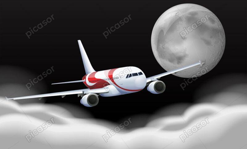 وکتور پس زمینه هواپیمای مسافربری کره ماه و آسمان شب ابری