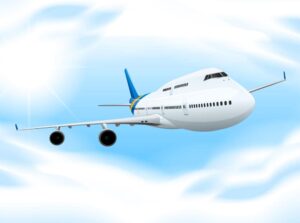 وکتور پس زمینه هواپیما 747 در آسمان نما جلوی هواپیما - وکتور هواپیما مسافربری در حال پرواز با زمینه آسمان آبی