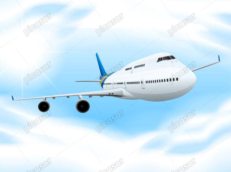 وکتور پس زمینه هواپیما 747 در آسمان نما جلوی هواپیما - وکتور هواپیما مسافربری در حال پرواز با زمینه آسمان آبی