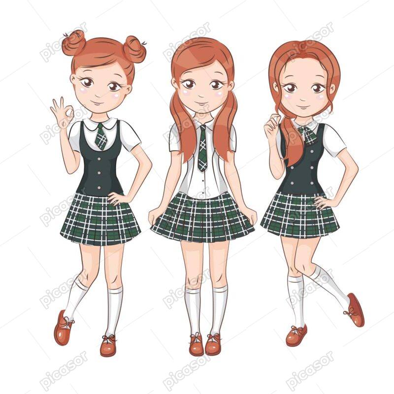 3 وکتور دختر نوجوان شاد با لباس مدرسه ایستاده کنارهم - وکتور دانش آموزان دختر با روپوش مدرسه