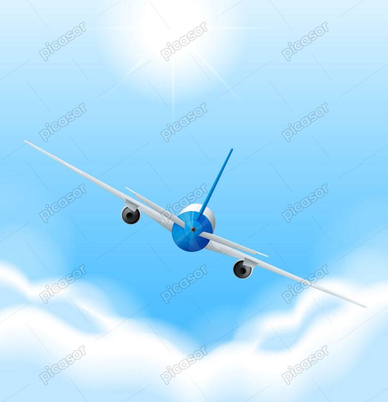 وکتور پس زمینه هواپیمای مسافربری از پشت در آسمان - وکتور هواپیما در حال پرواز با زمینه آسمان آبی