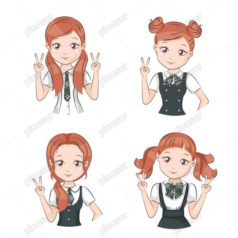4 وکتور دختر نوجوان شاد با لباس مدرسه - وکتور دانش آموزان دختر با روپوش مدرسه و مدلهای مختلف
