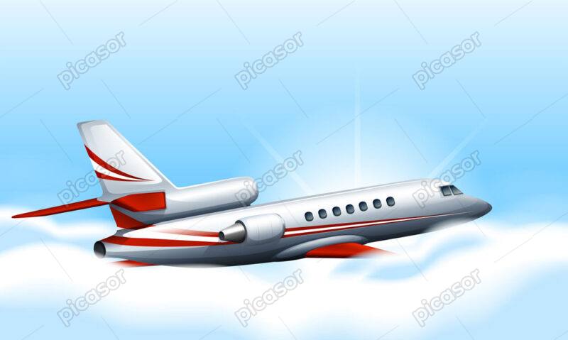 وکتور پس زمینه هواپیمای 3 موتوره مسافربری در آسمان زاویه دید کنار - وکتور هواپیما در حال پرواز با زمینه آسمان آبی