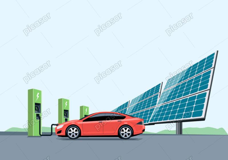 وکتور پس زمینه خودرو برقی و پنل خورشیدی اتومبیل برقی در حال شارژ باطری - وکتور پس زمینه انرژی های پاک و تجدید پذیر و زمین سبز