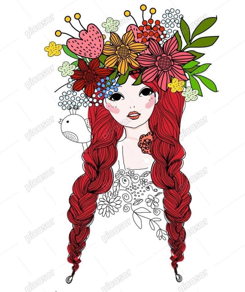 وکتور دختر نوجوان با تاج گل و موهای بلند - وکتور تصویرسازی دختر فشن با المانهای دسته گل و پرنده