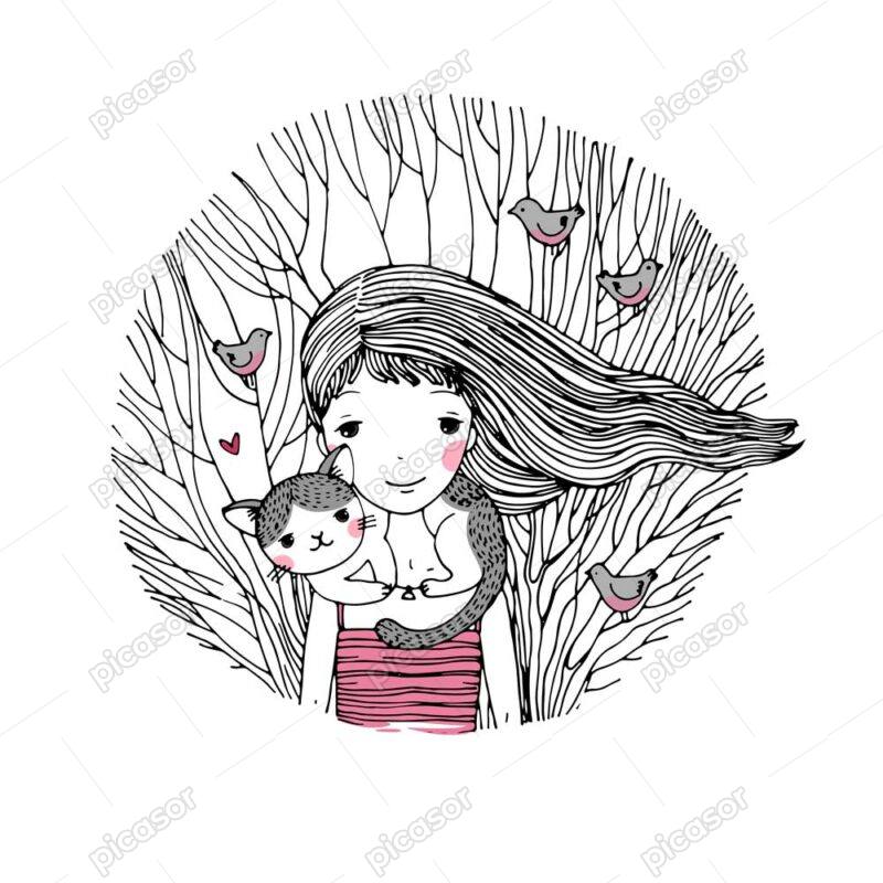 وکتور دختر و گربه زمینه شاخه درخت - وکتور نقاشی اسکچ دختر با زمینه شاخه مینیمال