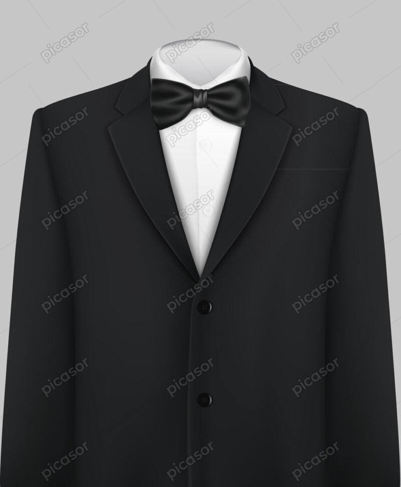 وکتور کت مردانه و پاپیون مشکی با لباس سفید - وکتور ست لباس رسمی مردانه