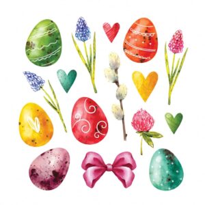 وکتور نقاشی تخم مرغ رنگی قلب پاپیون و گل - وکتور نقاشی آبرنگی المانهای تزئینی گل و قلب