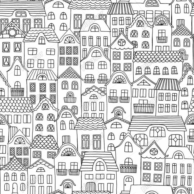 وکتور پترن شهر و خانه های نقاشی - وکتور الگو ساختمانهای شهر نقاشی کودک