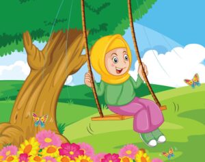 وکتور دختر بچه در حال تاب بازی در جنگل - وکتور کارتونی انیمیشن تاب بازی دختربچه درخت گل و جنگل