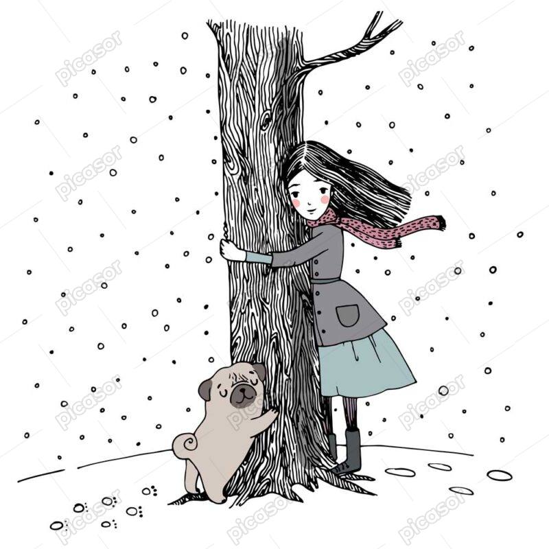 وکتور دختر و درخت و سگ پاگ - وکتور نقاشی رنگی درخت در آغوش دختر زمینه برف زمستان