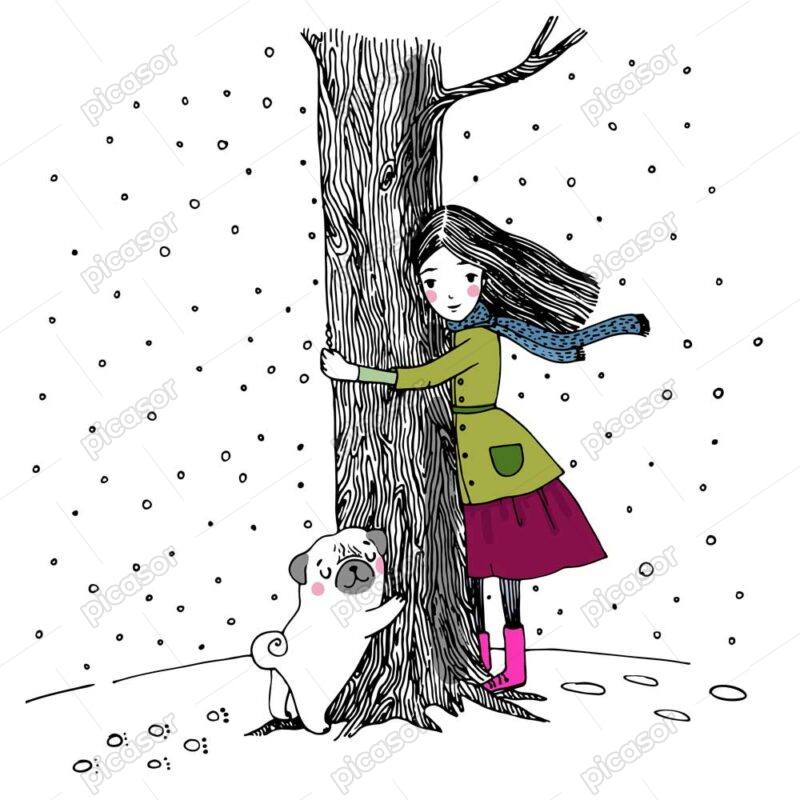 وکتور دختر و درخت و سگ پاگ - وکتور نقاشی رنگی درخت در آغوش دختر زمینه برف زمستان