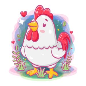وکتور مرغ کارتونی - وکتور کارتونی مرغ کوچک با پس زمینه سبز و گل