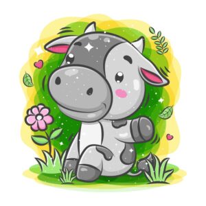 وکتور گاو کارتونی - وکتور کارتونی گاو کوچک با گل و چمن