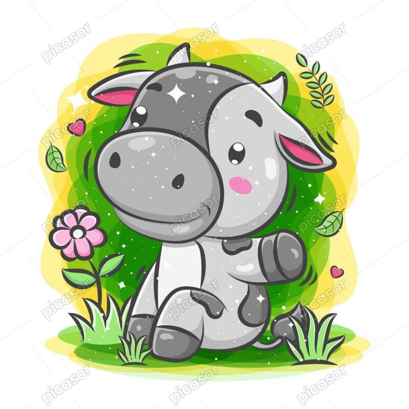وکتور گاو کارتونی - وکتور کارتونی گاو کوچک با گل و چمن