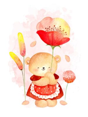 وکتور نقاشی خرس کوچولو کنار گل شقایق - وکتور نقاشی آبرنگی تدی بر در جنگل گل