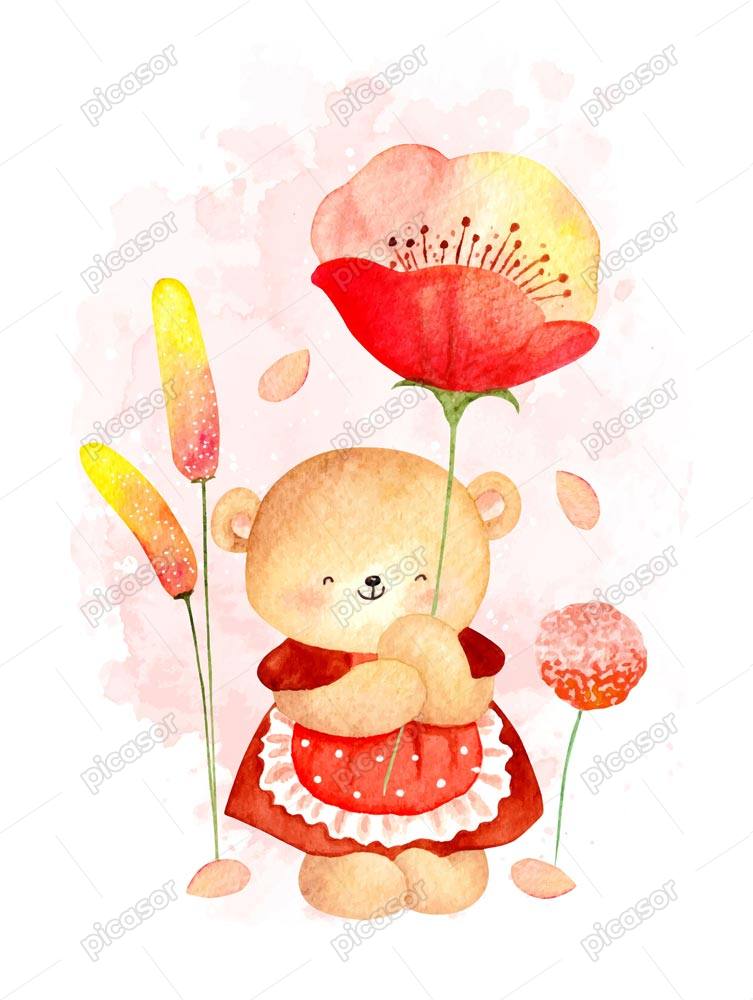 وکتور نقاشی خرس کوچولو کنار گل شقایق - وکتور نقاشی آبرنگی تدی بر در جنگل گل