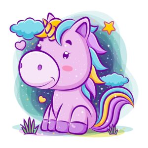 وکتور تک شاخ کارتونی و آسمان شب - وکتور کارتونی اسب تکشاخ و شب و ستاره