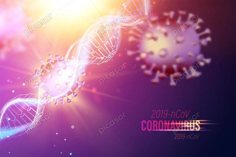 وکتور پس زمینه ویروس کرونا و DNA - وکتور ویروسهای کرونا و زنجیره مولکولی دی ان ای شکسته