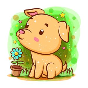 وکتور سگ کارتونی - وکتور کارتونی سگ کوچک با گل و چمن