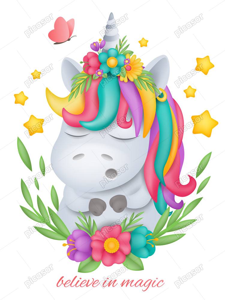 وکتور تکشاخ خمیری کارتونی - وکتور اسب تکشاخ خمیری با گل و ستاره و پروانه وکتور تکشاخ خمیری کارتونی - وکتور اسب تکشاخ خمیری با گل و ستاره و پروانه
