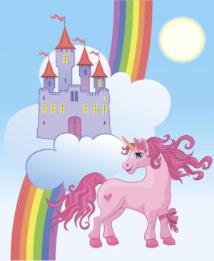 وکتور اسب تک شاخ و قصر رنگین کمان - وکتور کارتونی زمینه تکشاخ و قلعه روی ابر