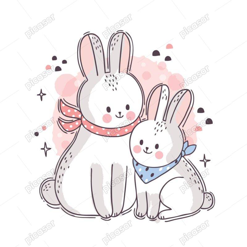 وکتور خرگوش مادر با بچه خرگوش کارتونی