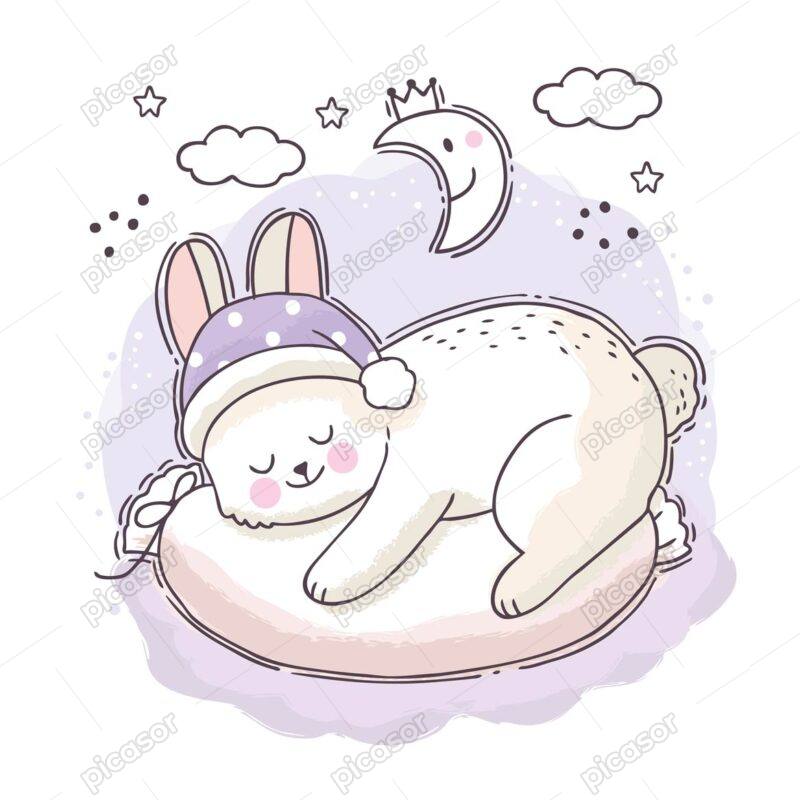 وکتور خرگوش سفید کارتونی در خواب - وکتور بچه خرگوش در خواب روی ابر