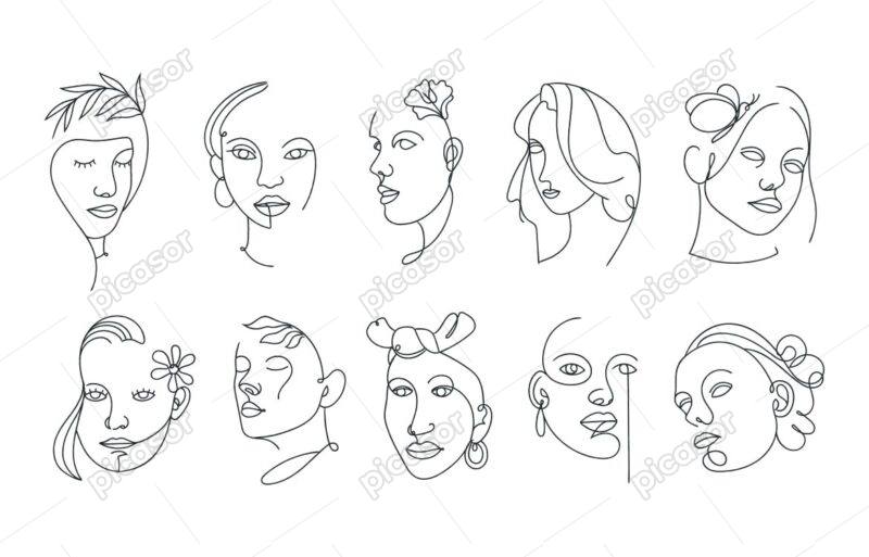 10 وکتور مینیمال چهره زن - وکتور خطی صورت زن - لوگو سالن زیبایی و محصولات آرایشی