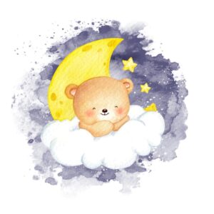 وکتور بچه خرس روی ابر و ماه طرح آبرنگی - وکتور نقاشی آبرنگی تدی بر روی ابر و آسمان شب