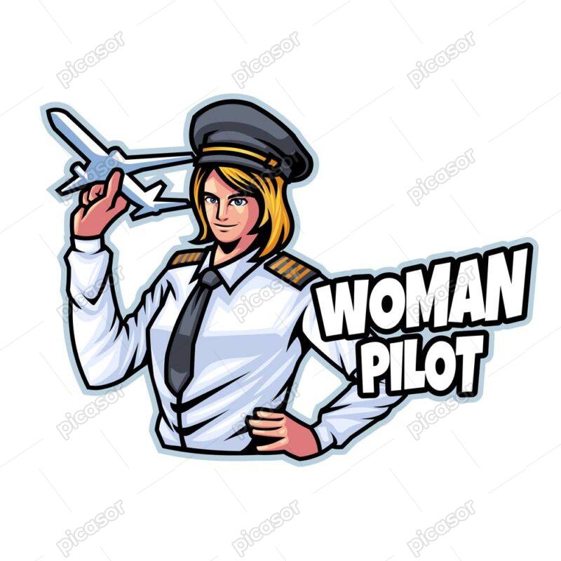 وکتور خلبان زن - وکتور لوگو خانم خلبان و هواپیما در دست