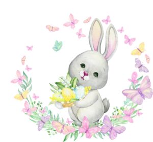 وکتور بچه خرگوش و حلقه گل و پروانه طرح آبرنگی - وکتور نقاشی آبرنگی بچه خرگوش و گل و پروانه