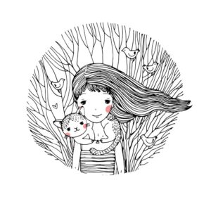 وکتور دختر و گربه زمینه شاخه درخت - وکتور نقاشی اسکچ دختر با زمینه شاخه مینیمال