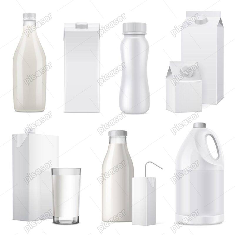 وکتور موکاپ پاکت شیر شیشه شیر - وکتور موکاپ ظرفهای شیر