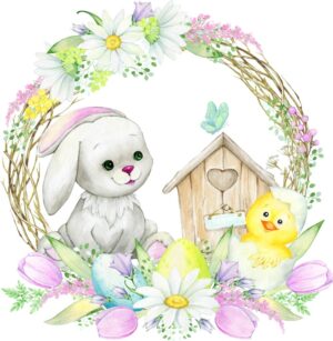 وکتور نقاشی بچه خرگوش و جوجه زرد با حلقه شاخه گل - وکتور نقاشی آبرنگی بچه خرگوش و جوجه زرد و لانه پرنده