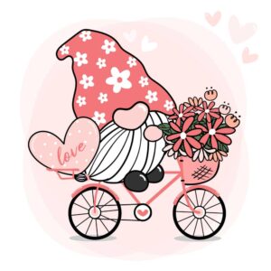 وکتور کوتوله سوار دوچرخه با قلب و گل - وکتور کوتوله ولنتاین در حال دوچرخه سواری